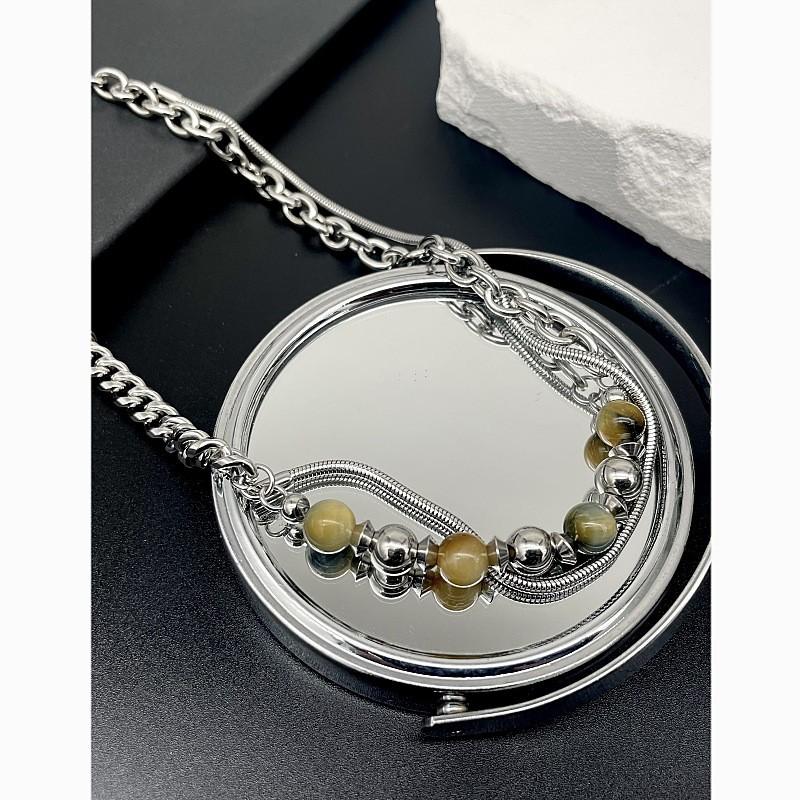 Geometric Stainless Steel Necklace With Natural Stone Beads For Unisex Fashion