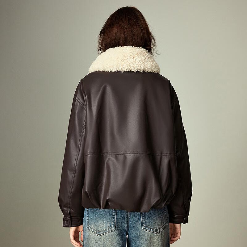 Chuyu Damen Winter Jacke mit Kragen aus Kunstfell und PU-Leder