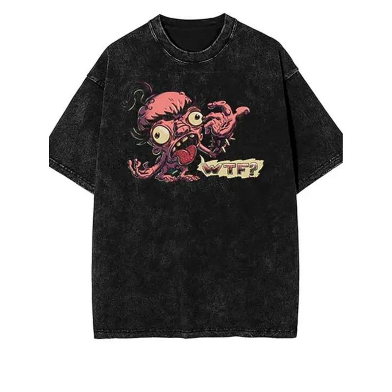 

Men S Vintage Washed T-Shirt | Fun Graphic Print, Casual Loose Fit, Short Sleeve, Round Neck, All-Season Wear, Black With Pink Monster Design S чёрный