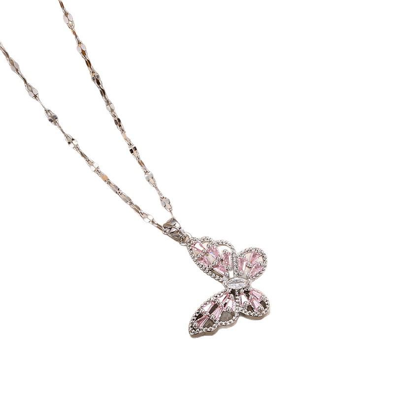 Korean Fashion Rhinestone Butterfly Jewelry Set: Necklace, Ring & Earrings with Zircon Inlay - Fairy Style Elegance for Women.