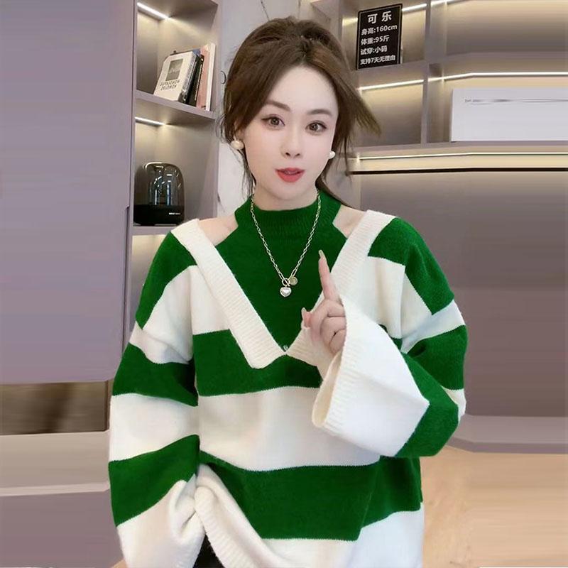 Pullover 2023 Casual Long Sleeve Pullover Knitwear Top Fake Two Piece Neck Hanging Off Shoulder Striped Sweater Pullover Women