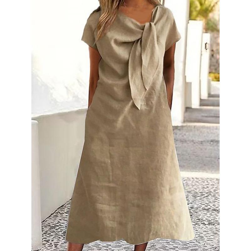 QICED Fashion Summer Spring Solid Color Print Short Sleeve Casual Dresses
