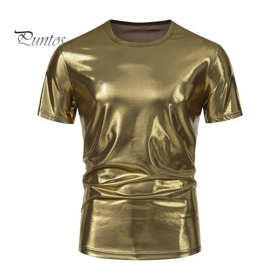 Летняя мужская футболка с глянцевой поверхностью бронзовая облегающая с круглым вырезом однотонная с короткими рукавами пуловер вечерние клубные для выступлений танцевальная уличная одежда топ M золотистый 1628₽