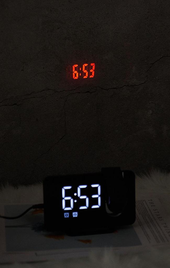 0716 Dual Alarm Clock with Large LED Display, Curved Surface, and Radio Projection