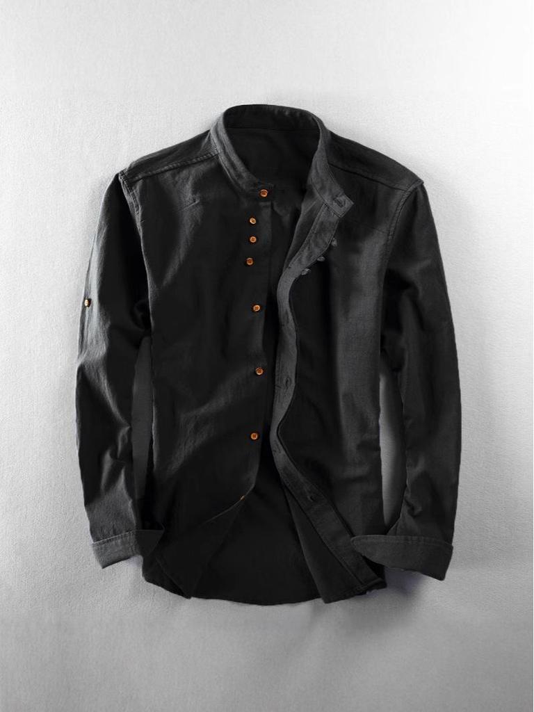 Chemise à col montant à manches longues boutonnée pour homme, style chinois, pour le printemps et l'automne