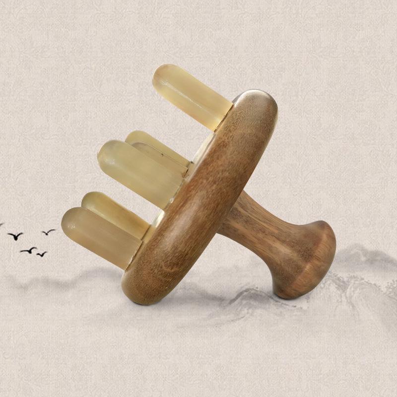 Natural Green Sandalwood & Ox Horn Massage Comb - Meridian Therapy Scalp Comb with Seven Stars Design