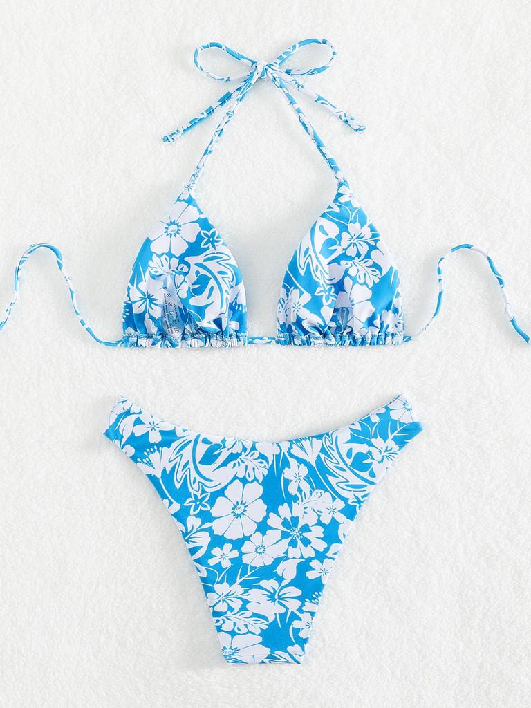 2024 Sexy Bikiny s trojúhelníkovým potiskem: Přeshraniční evropský a americký styl se zavazovacím designem