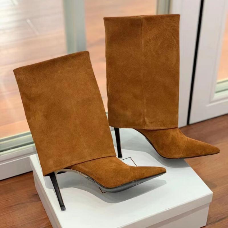 EU/US Suede Mid-Calf Boots - Pointed Toe Stiletto Heels Solid Color Over Pants Boots for Women Office Chic Winter Footwear