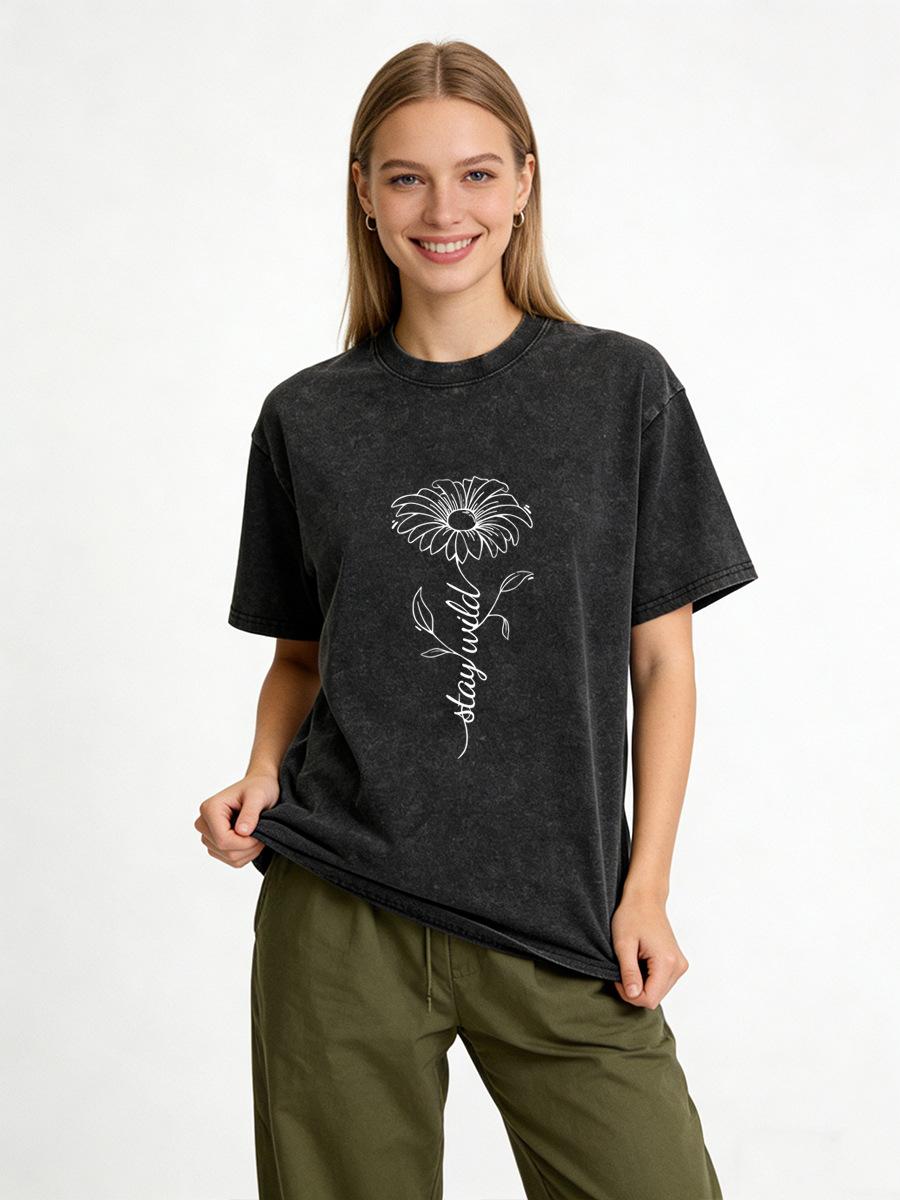 Mingxin Supply Chain Cross-border 230g washed old T-shirt round neck short sleeve women s tide brand pure cotton European and American large size top M