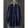 Spring and Autumn Loose Long-sleeved Pleated Round Neck Literary Retro Plus Size Cotton and Linen Shirt Women