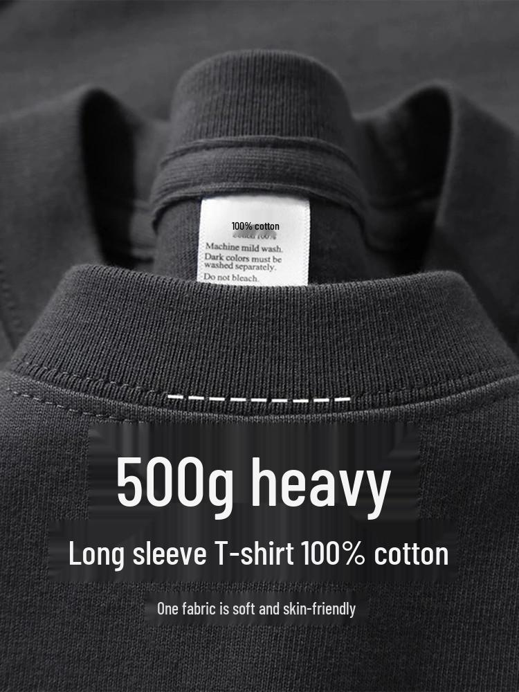 T-shirt Unisex Premium 500g Pesante Grigia 100% Cotone Spazzolato Double-Face a Manica Lunga.