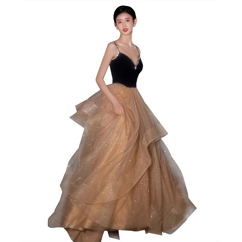 French Suspender Evening Dress Women's High-end Light Luxury Niche Birthday Adult Dress Art Test Host Engagement Dress