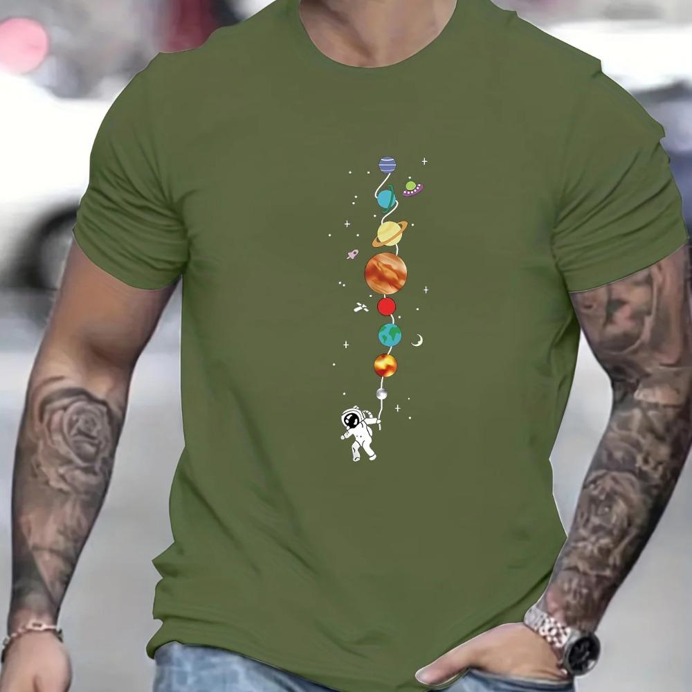 T-shirt Homme 100% Coton Pur Été Coupe Ample Imprimé Motif Planète Astronaute Décontracté Confortable Col Rond Manches Courtes Haut