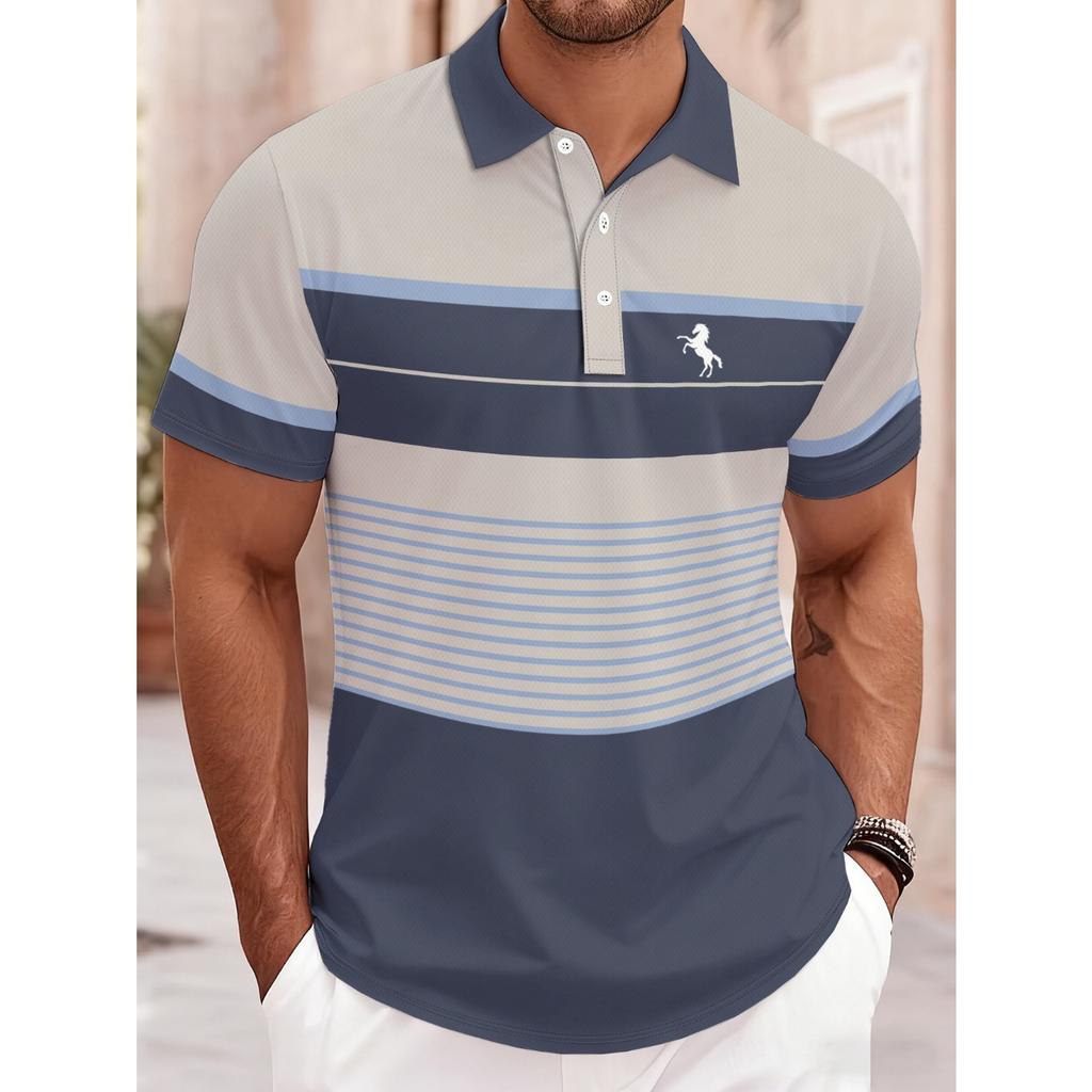 2026 Summer Men's Polo Shirt with Stripes Print Breathable Lightweight Comfortable Casual and Fashionable