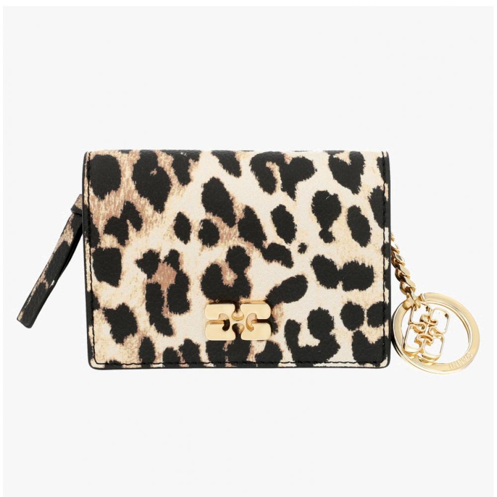 Ganni Leopard Print Logo Bow Flap Card Wallet B3010075