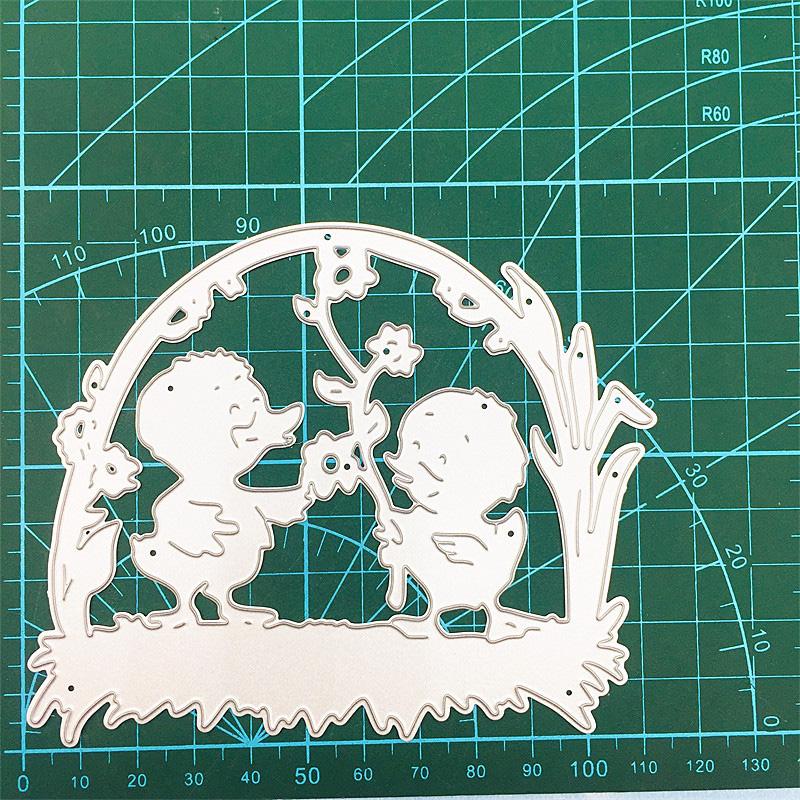 Two Little Yellow Ducks Enjoy The Flower Design Metal Cutting Dies DIY Scrapbooking Embossing Stencil Paper Craft Album Template