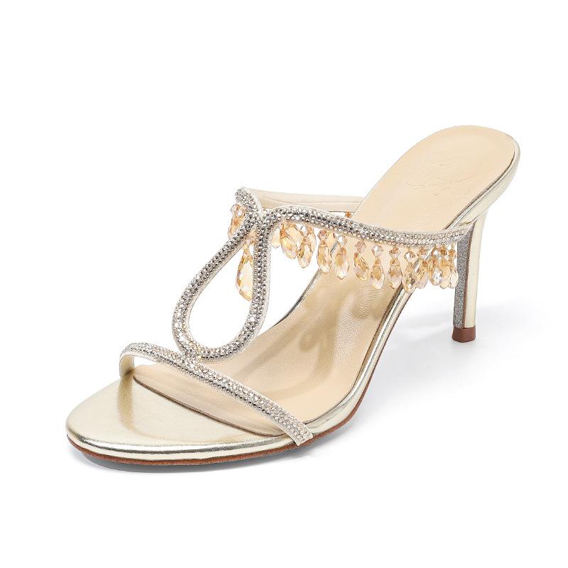 

Luxury Crystal Pendant Women Slippers Sandals Sexy Narrow band Rhinestones Stiletto High heels Summer Mules Slides Shoes 40