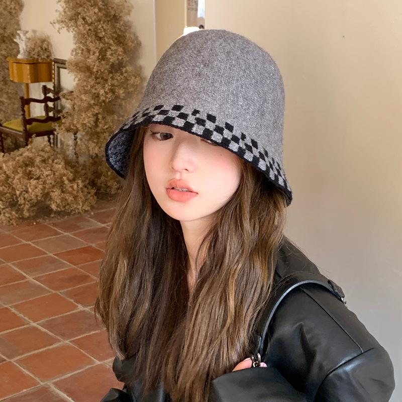 

Новая шляпа женская модная вязаная шапка в шахматную клетку универсальная шерстяная шляпа-ведро шляпа для шоу-умывальника average size