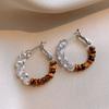 Silver needle tiger's eye stone geometric round pendant earrings retro Maillard style stud earrings personalized niche design earrings