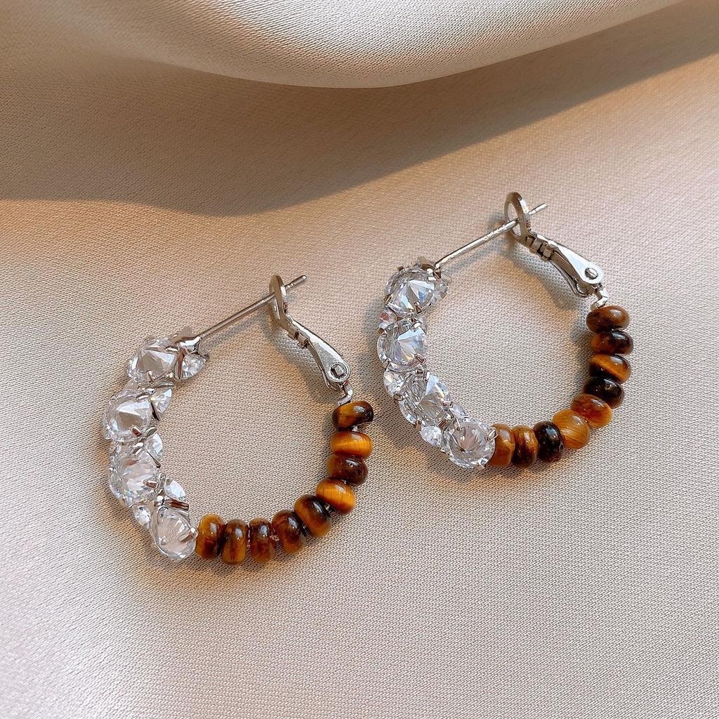 Silver needle tiger's eye stone geometric round pendant earrings retro Maillard style stud earrings personalized niche design earrings