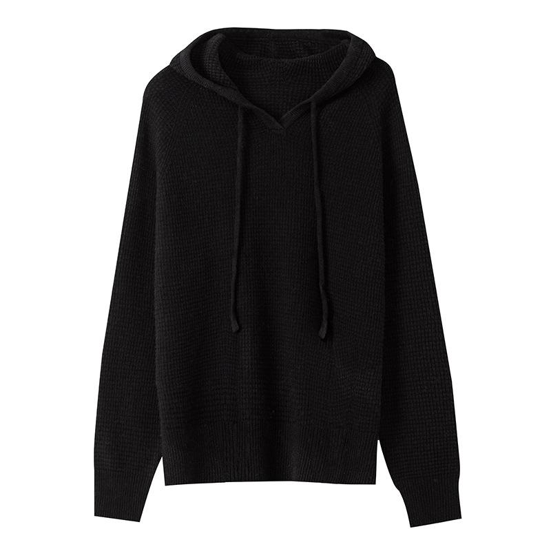 

Autumn new waffle seamless 0 pure wool sweater hooded loose pullover sweater women s knitted sweater jacket M