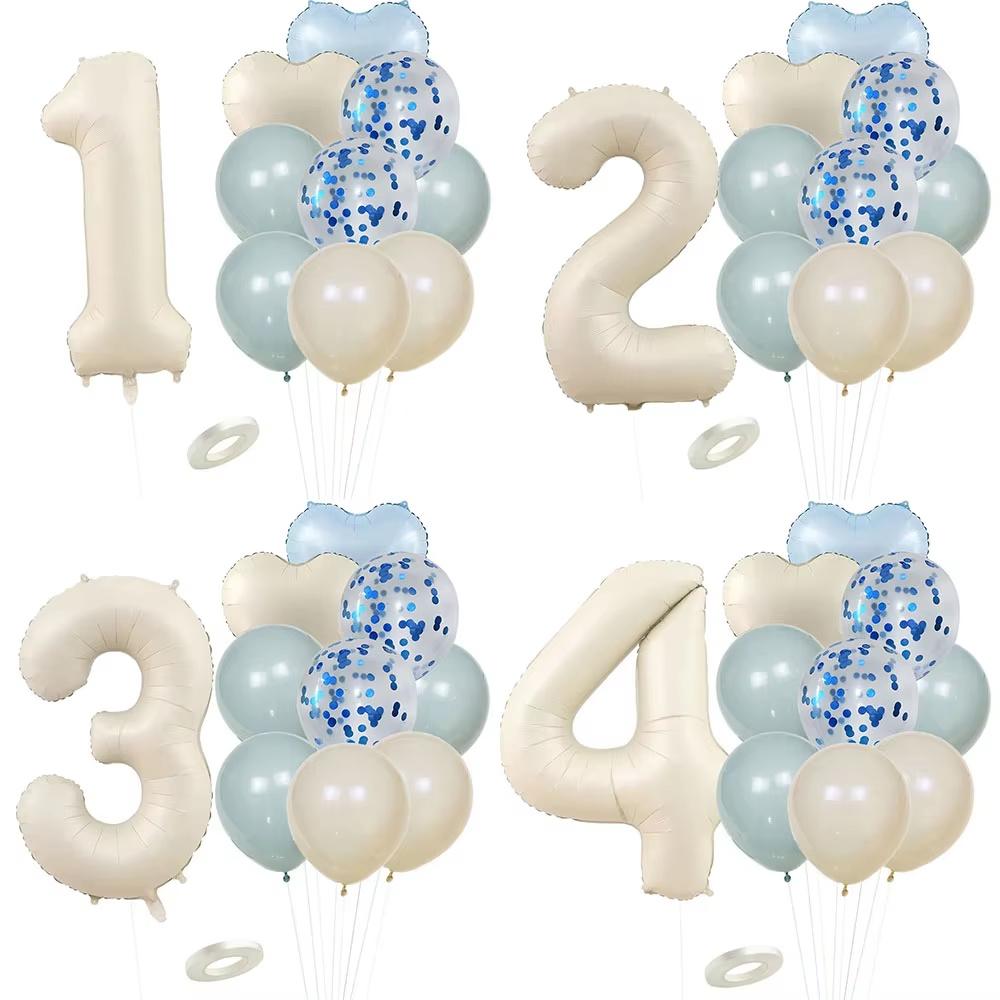 12pcs Vintage Beige Blue Balloon Set 32inch Foil Number Balloon For Kids Happy Birthday Party Decorations DIY Gifts Supplies