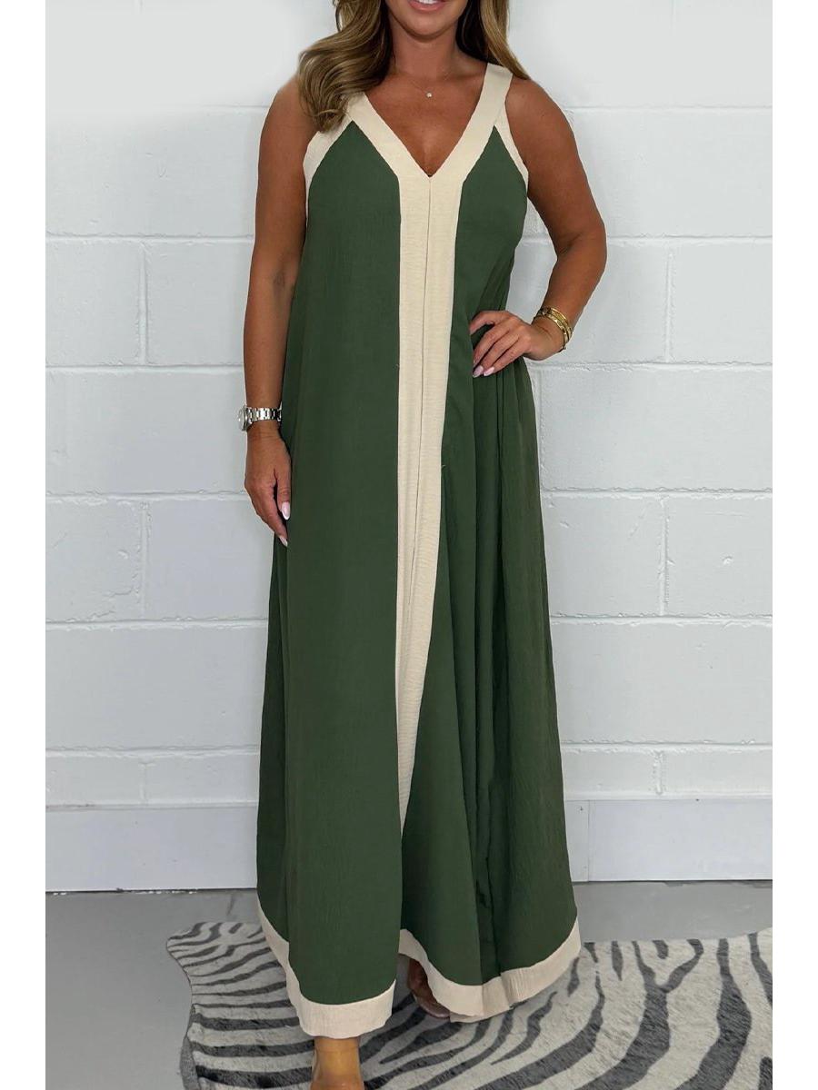 

2024 Модное контрастное цветное V-образное платье без рукавов, длинное, свободное, женское 3XL