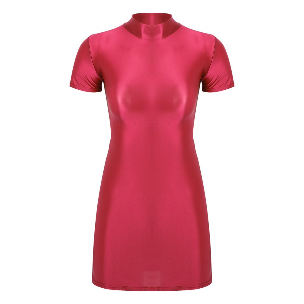 Womens Glossy Mock Neck Bodycon Dress Short Sleeve Stretchy Fabric Nightclub Party Mini Dress