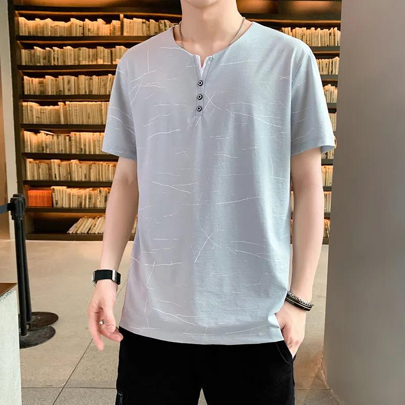 Men Light Gray Line Print Henley Neck Short Sleeve T Shirt M синий