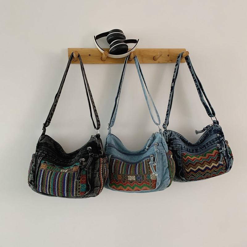 Vintage Denim Embroidered Tote Bag Women's Large Capacity Shoulder Handbag