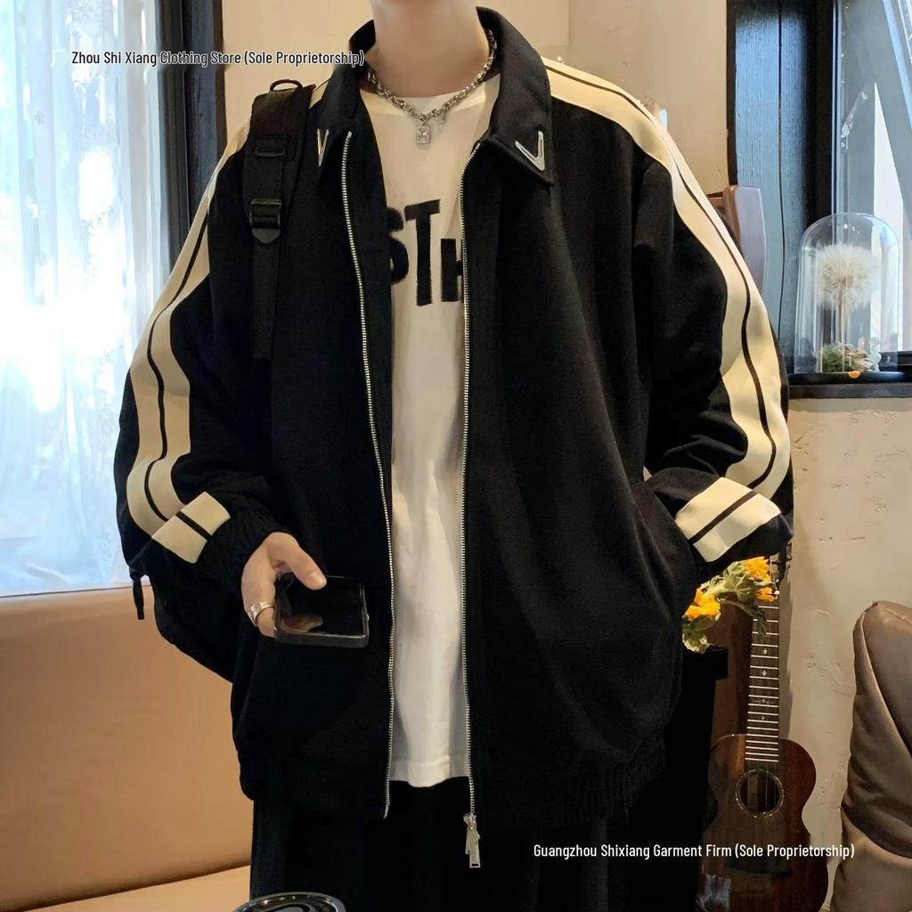 Men's Hong Kong Style Webbing Lapel Jacket - Trendy Loose Casual Top for Spring and Autumn.