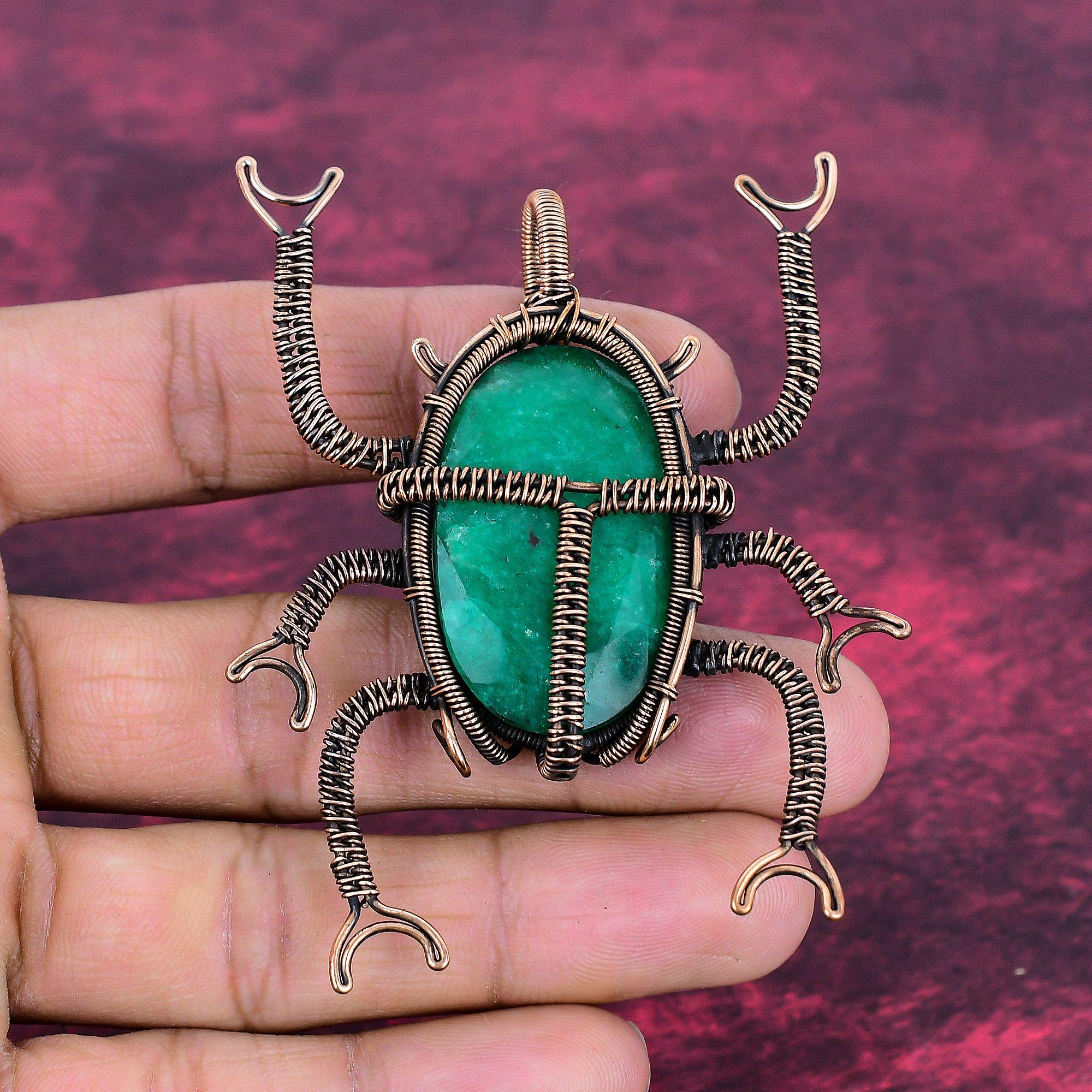 Faceted Zambian Emerald Real Gemstone Pendant Copper Wire Wrapped Beetle Jewelry