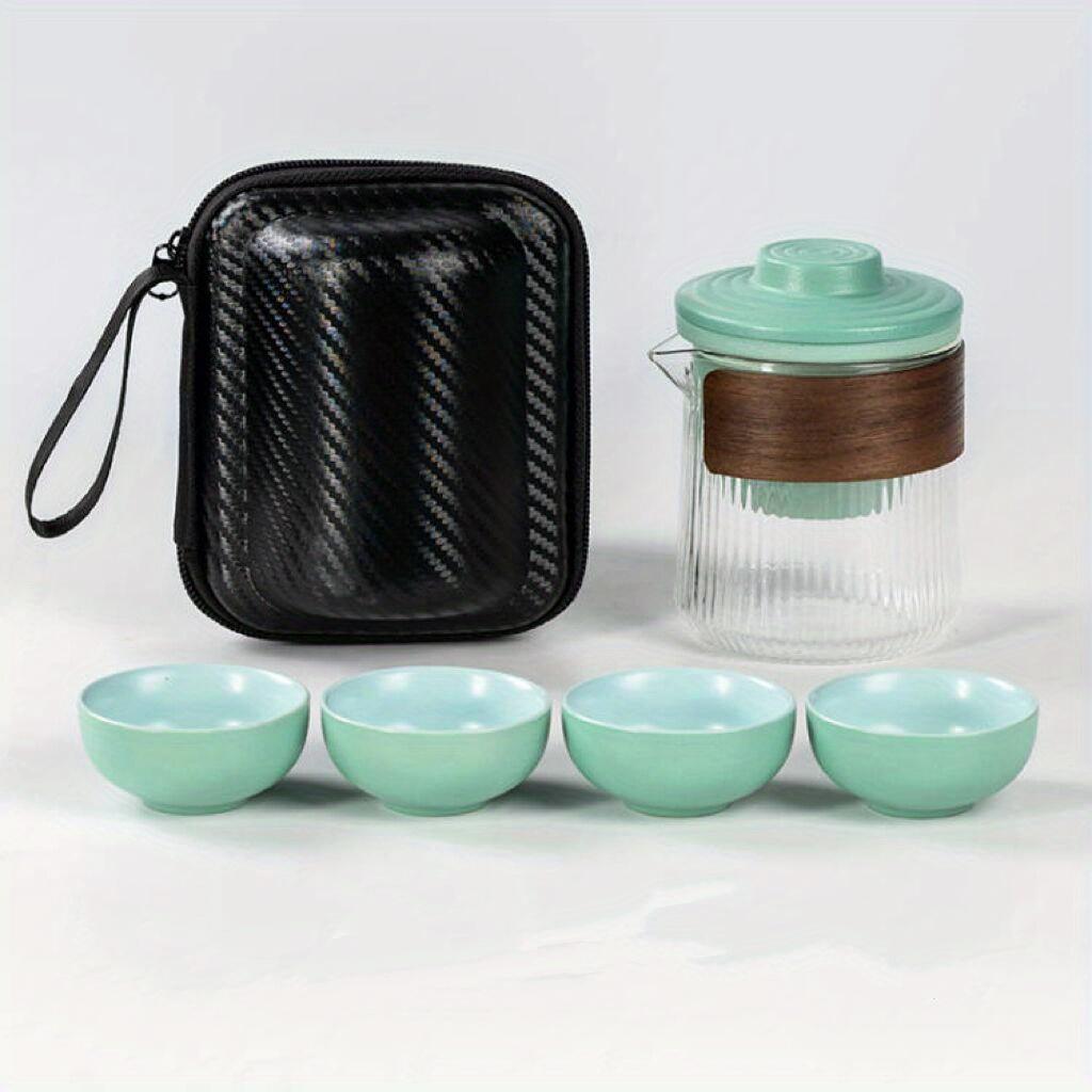 

1 комплект, дорожный чайный сервиз, керамическая экспресс-чашка, портативный дорожный чайный сервиз, один горшок, четыре чашки, уличный автомобиль, простой и портативный вспенивающийся 4 Cups In A Glass Pot-fruit Green