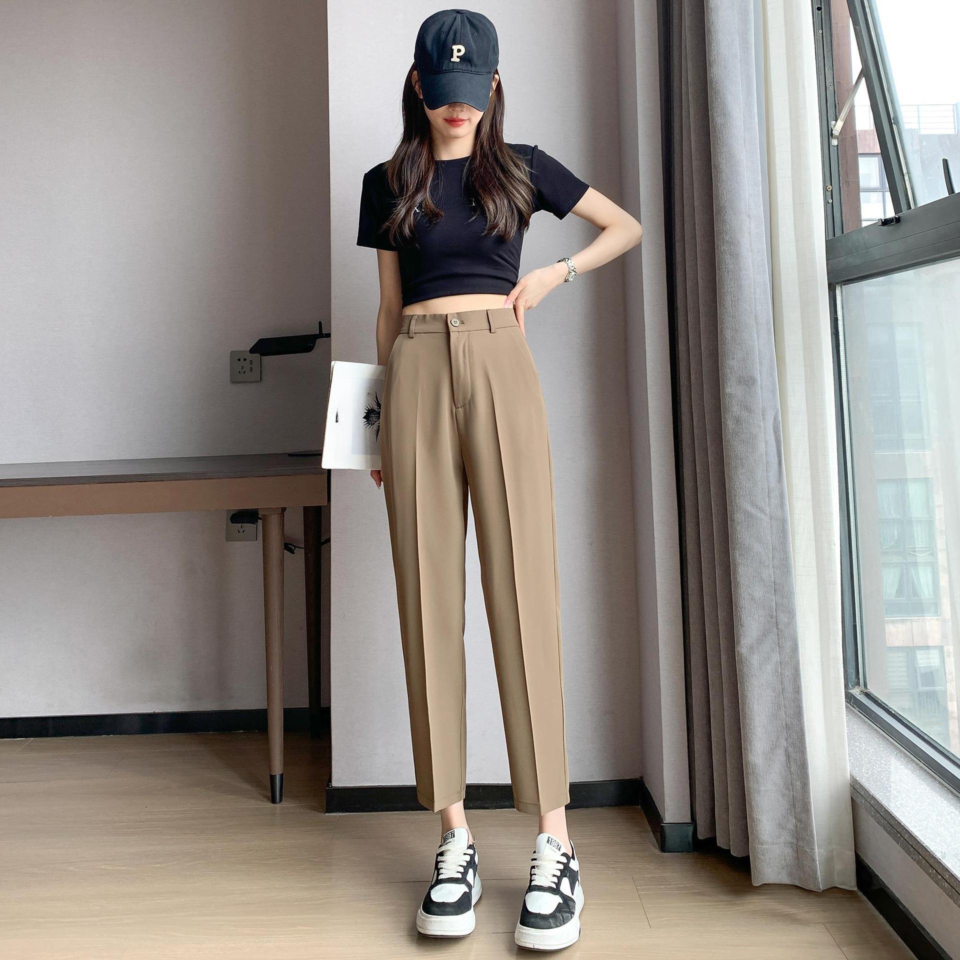 

Женские брюки, костюмные брюки женские 2025 летние прямые свободные с высокой талией тонкие девятилетние маленькие повседневные серые универсальные брюки-сигареты S