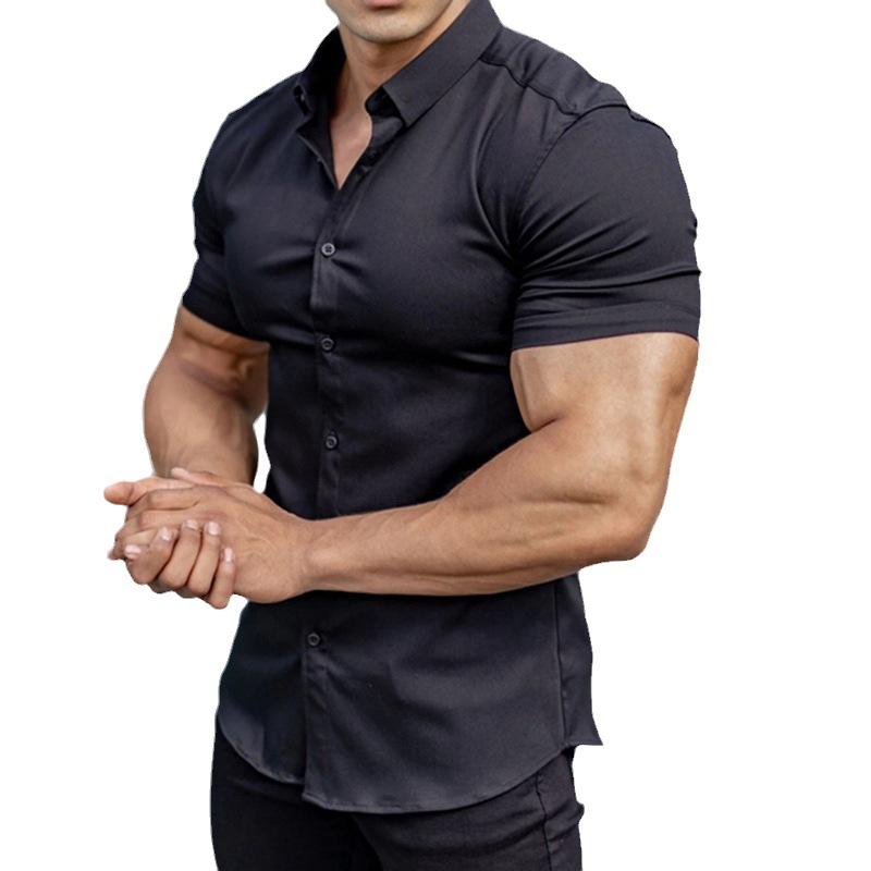 Fitness Short Sleeved Lapel Shirt Elastic Thin Style Solid Color Sports Casual Cardigan Shirts for Men