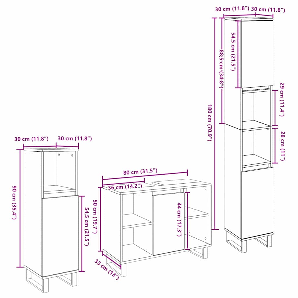 Bathroom Furniture Set with Storage 3 Pcs Brown Wood Based Material