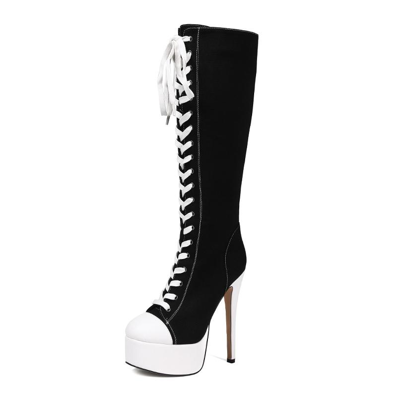 Fashion Women's new pointed, thick bottomed waterproof platform high-heeled, plus size lace up and knee high tube fashionable boots