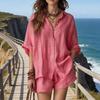Women Summer Two Piece Outfit Casual Short Sleeve Button Down Shirt And Shorts Casual Lounge Sets with Pockets