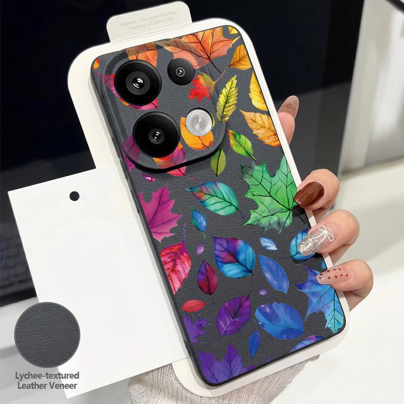 Flowers Leaves Print Case For Xiaomi 13T Redmi Note 15 Pro 4G Leather Texture Silicone Cover For Redmi Note 14 13 Pro+ 5G