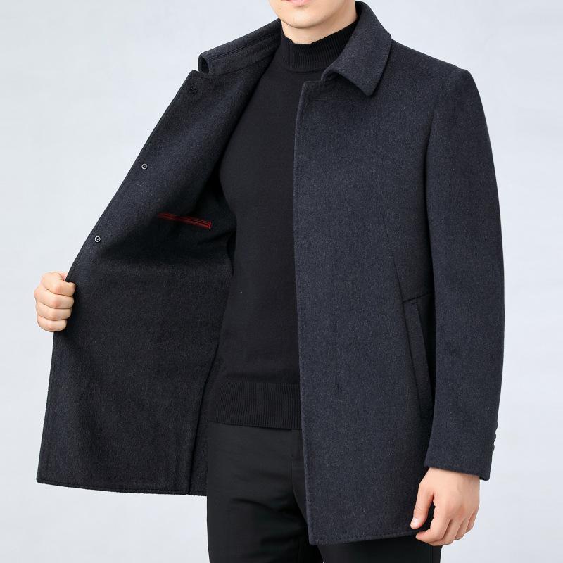 Men's Mid-Length Double-Faced Cashmere Wool Coat - Autumn/Winter Thick Tweed Jacket, Dad Style Trench Coat