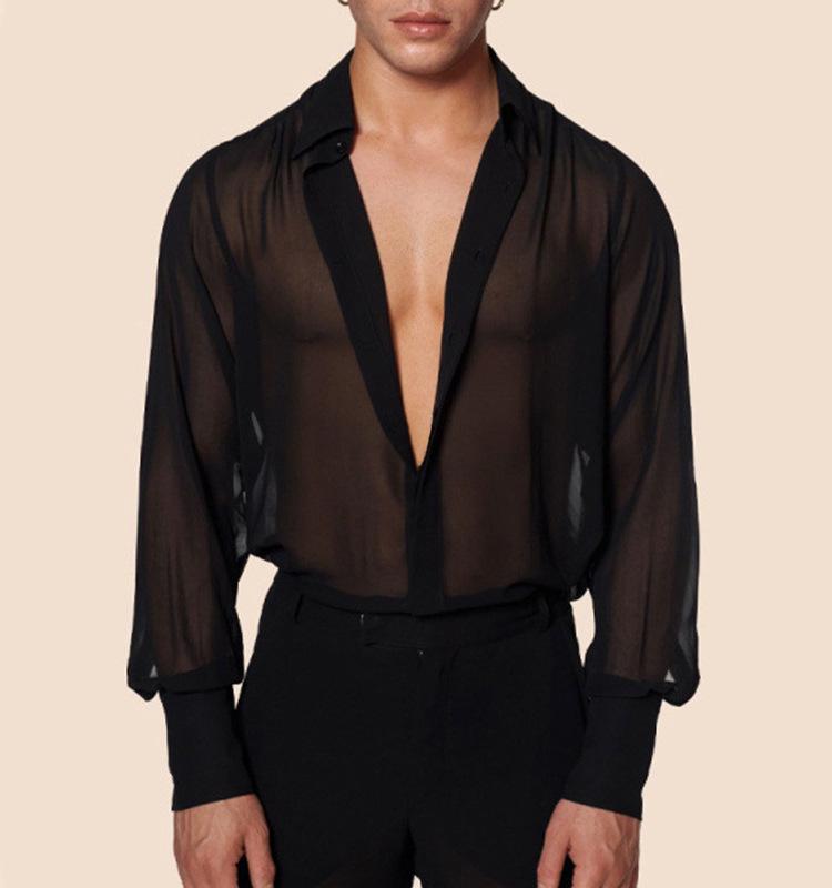 

Men s European-Size Black Sheer Chiffon Slim Fit Shirt - Breathable Casual Nightclub Top XL чорний