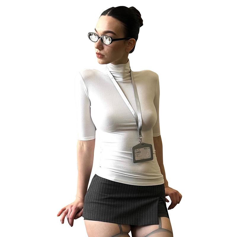 Y25TP032 Women's Solid Color High Neck Short Sleeve Bodycon T-Shirt for Spring/Summer