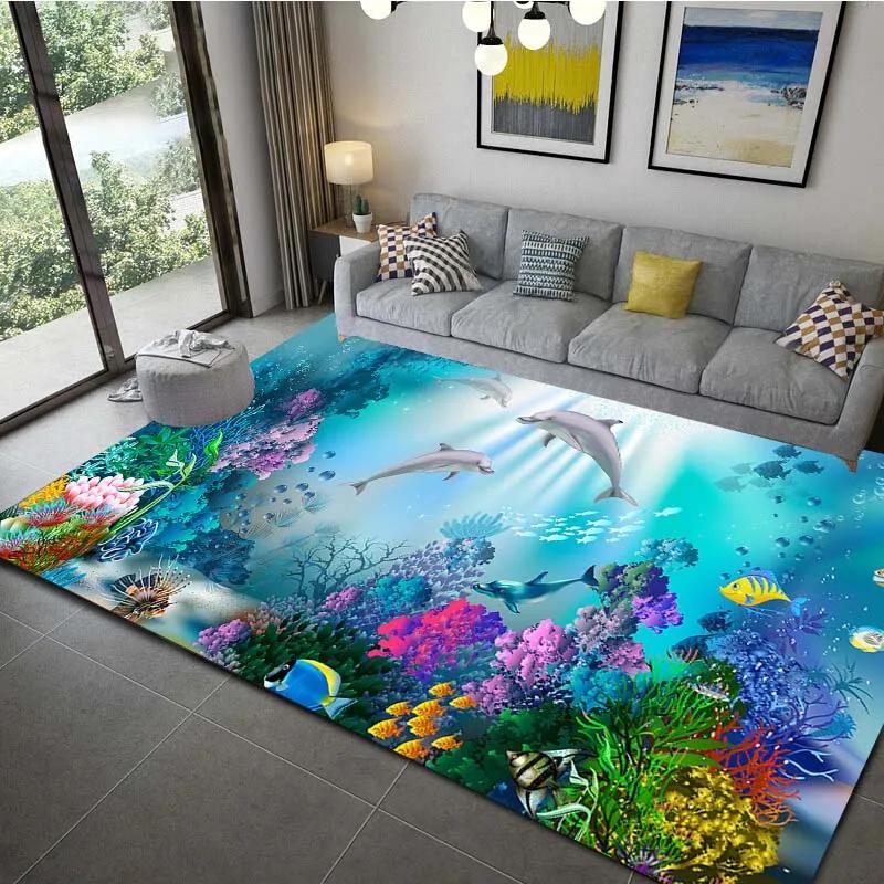 

Ocean Dolphin Pattern Carpet Non Slip Soft Rug for Living Room Bathroom Kids Bedroom Underwater Marine Life Decor 40x60cm