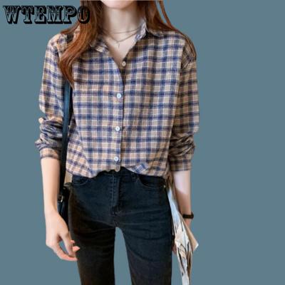 New Casual Plaid Shirt Women's Long-sleeved Korean Version Loose Large Vintage Versatile Top
