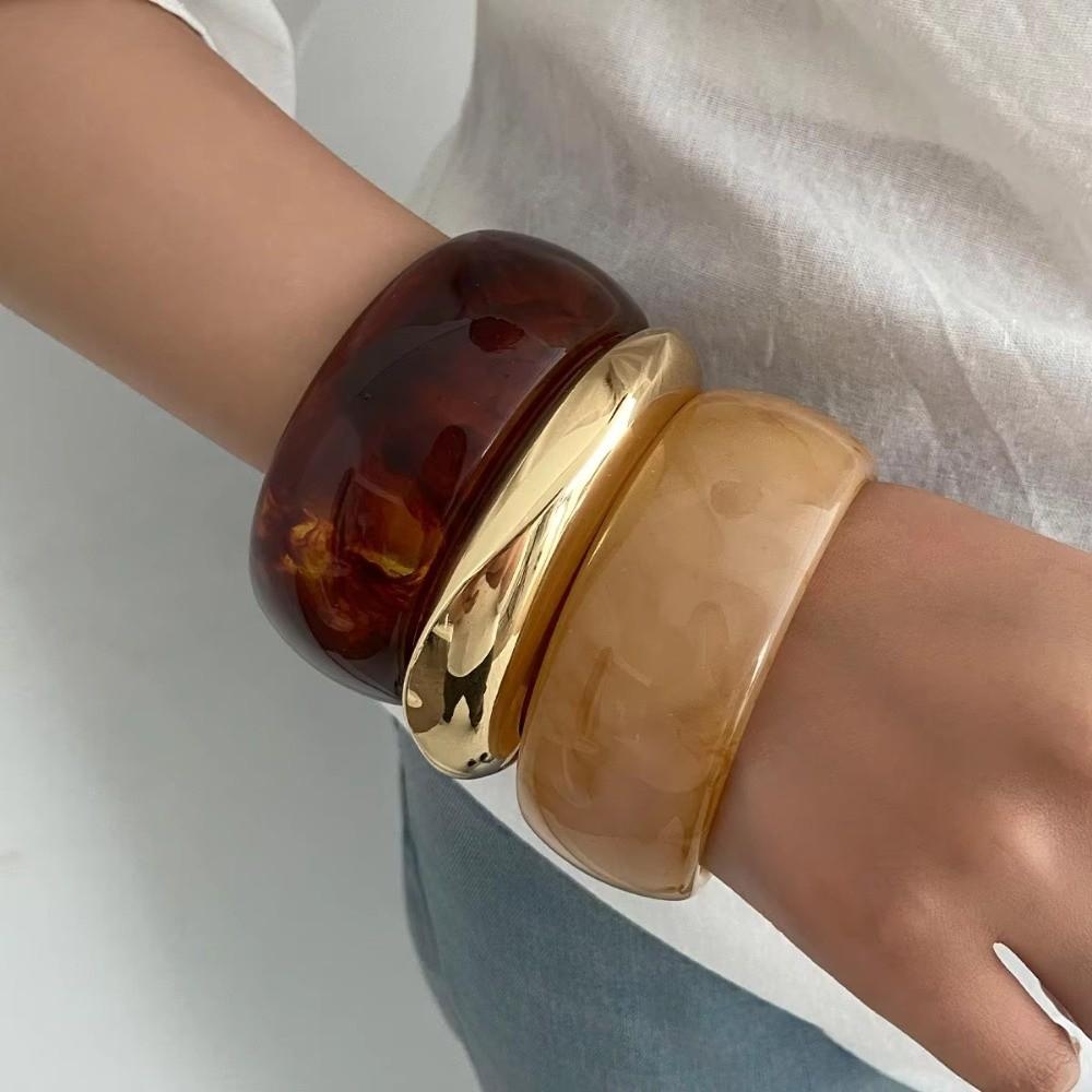 Boho Brown Acrylic Resin Bangles Hip Hop Wide Bangles New Metal Cuff Bangle