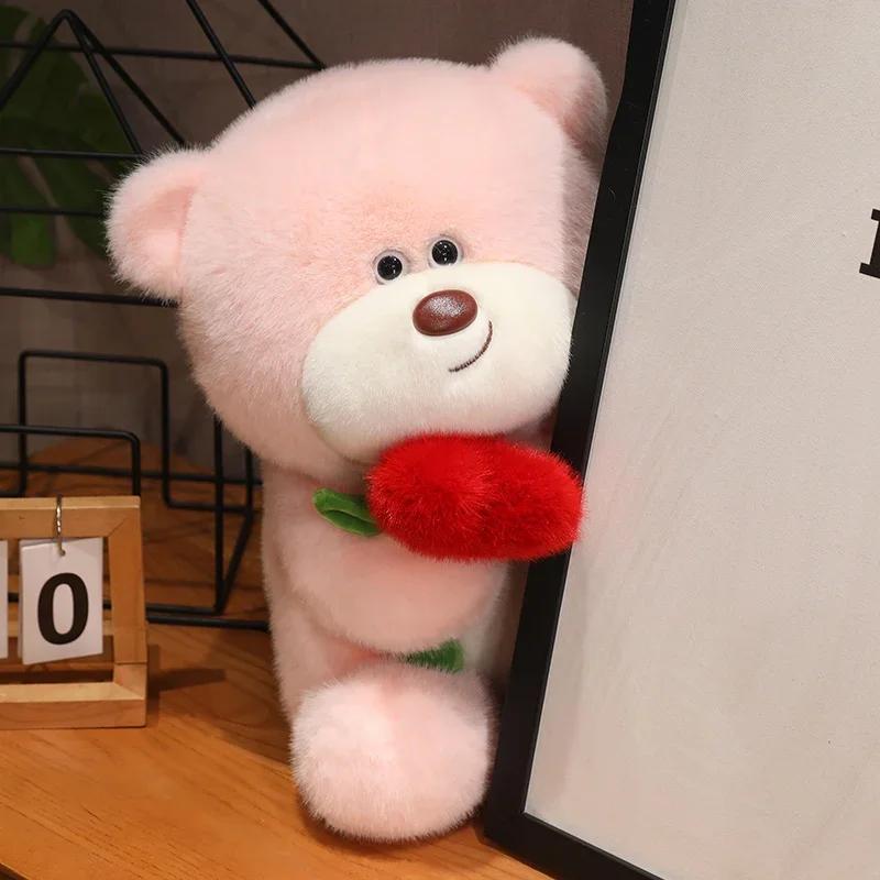 Cartoon Bear Holding Rose Plush Toy Soft Stuffed Bear Doll Home Decoration Romantic Valentine's Day Gift for Lover High Quality