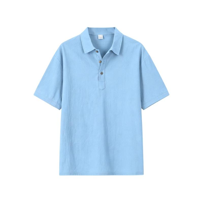 Men's Linen-Look Short Sleeve Polo Shirt Casual Button Placket Collared Top