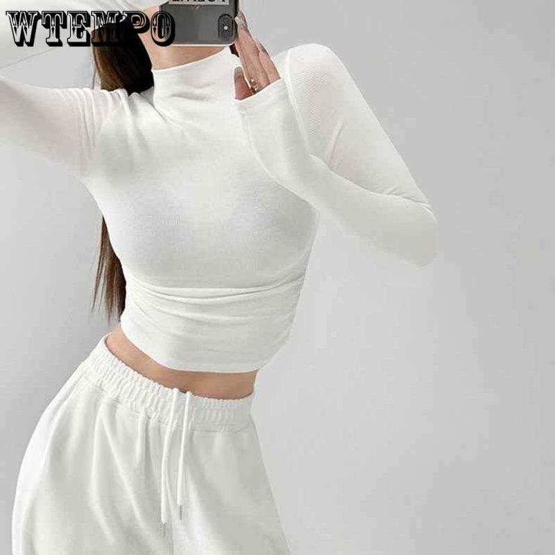 Ins Half High Neck Pleated Knitted Bottoming Shirts Women Stretchy Slim Thin Short Section Inside Long Sleeve Jumper Tops