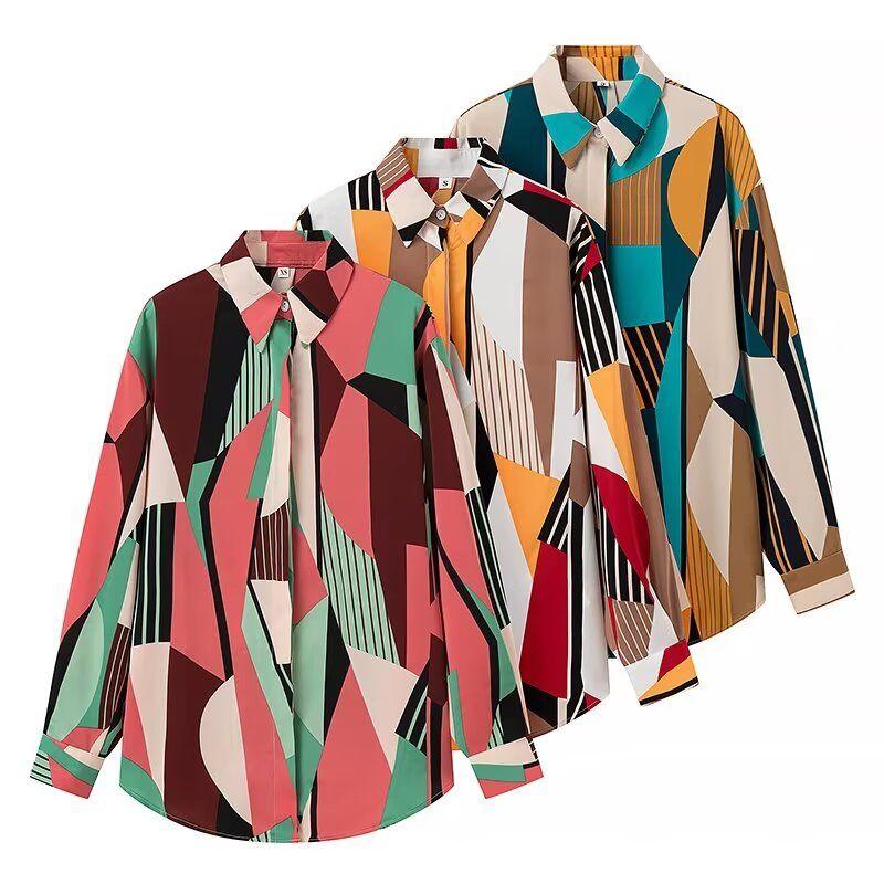 Kaslead New Arrival Women's Fashion Style Fashion Casual Versatile Contrast Color Geometric Print Long Sleeves Shirt