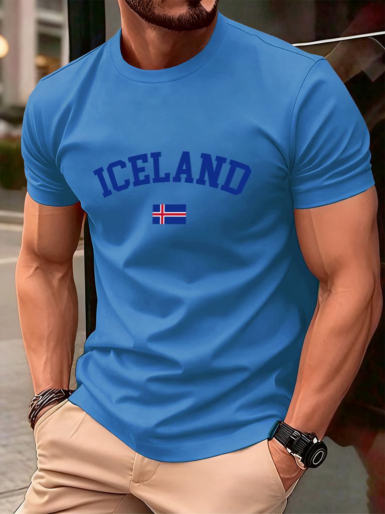 T-shirt da uomo con stampa testo e bandiera dell'Islanda, cotone, estiva, girocollo, manica corta, top morbidi, taglia oversize, abbigliamento casual da uomo